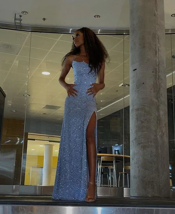 Luolandi Blue Sheath Evening Party Dress with High Slit Long Prom Dress Formal Dress